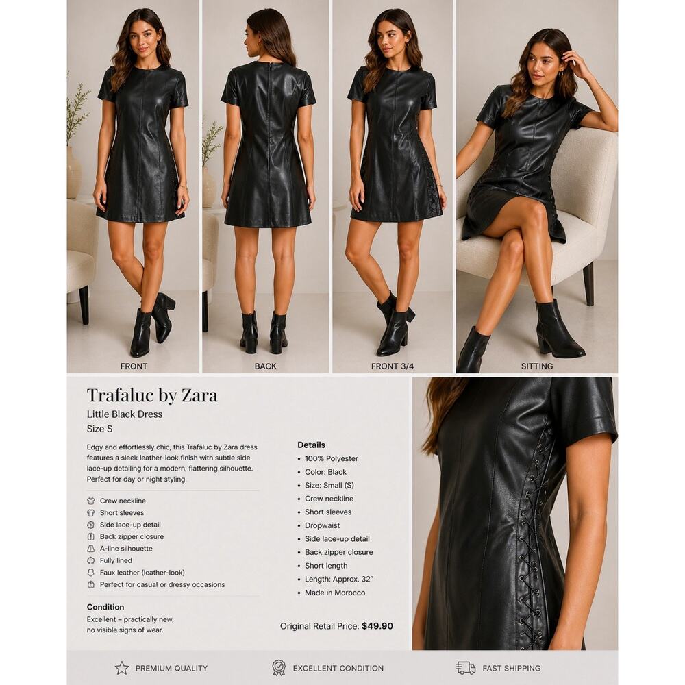Zara Trafaluc Black Faux Leather Dress Size S Lace-Up Side Short Sleeve Mini
